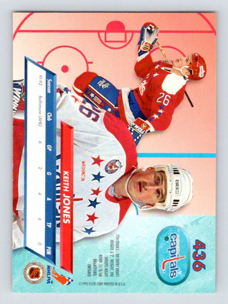 1992-93 Fleer Ultra #436 Keith Jones  RC Rookie Washington Capitals  Image 2