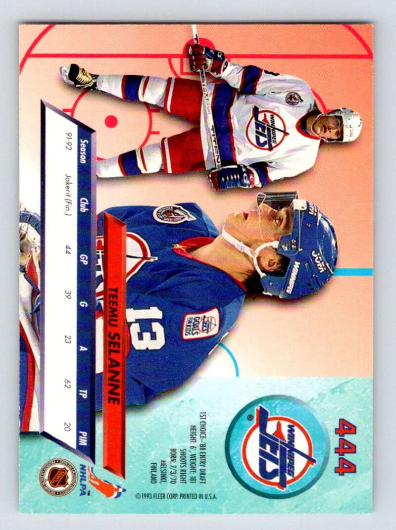 1992-93 Fleer Ultra #444 Teemu Selanne  Winnipeg Jets  Image 2