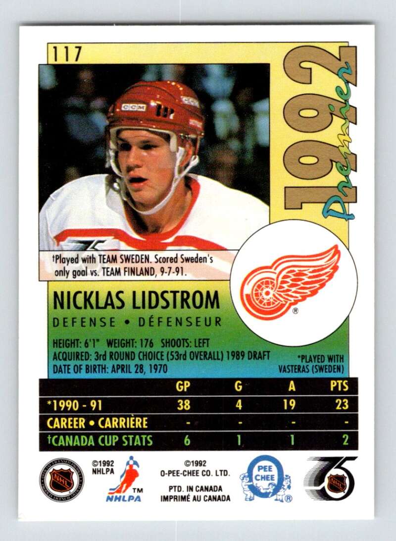 1991-92 OPC Premier #117 Nicklas Lidstrom  RC Rookie Detroit Red Wings  Image 2