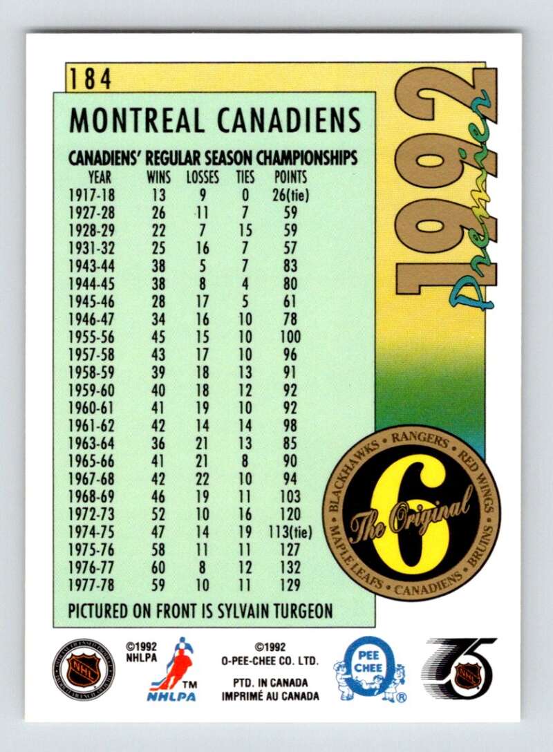 1991-92 OPC Premier #184 Sylvain Turgeon  Montreal Canadiens  Image 2