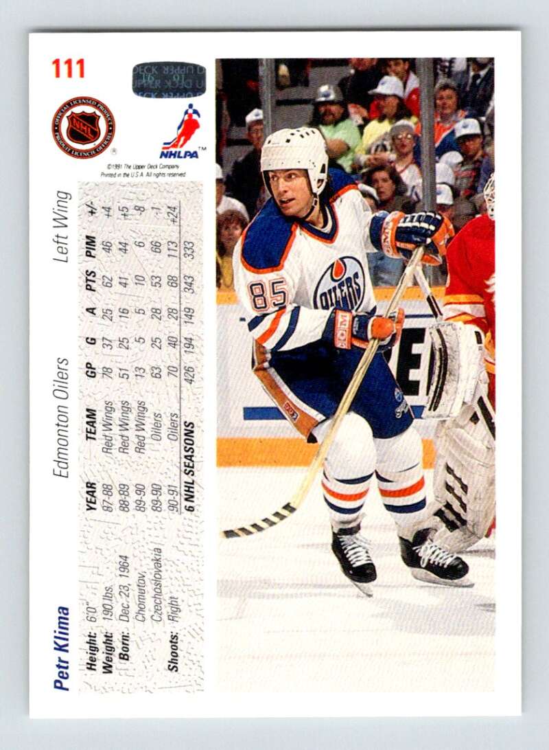 1991-92 Upper Deck #111 Petr Klima  Edmonton Oilers  Image 2