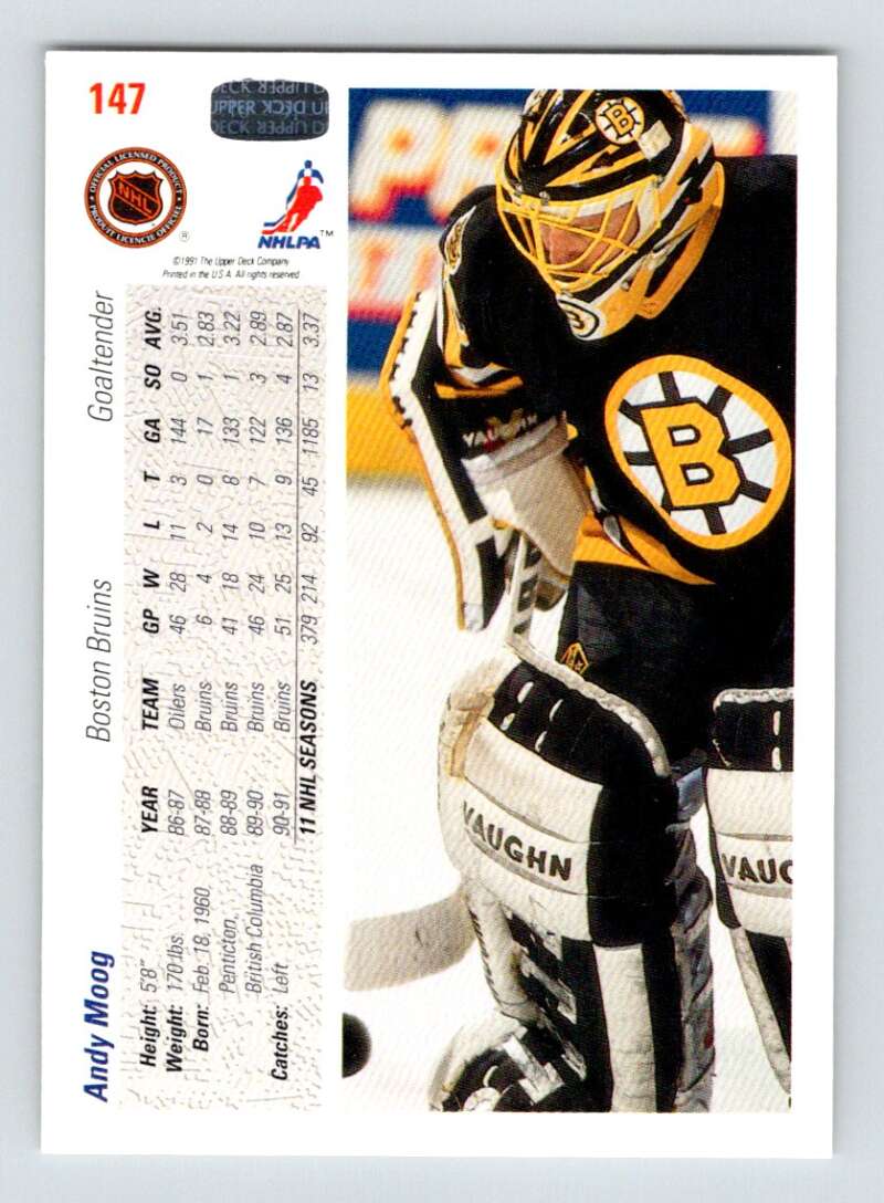 1991-92 Upper Deck #147 Andy Moog  Boston Bruins  Image 2
