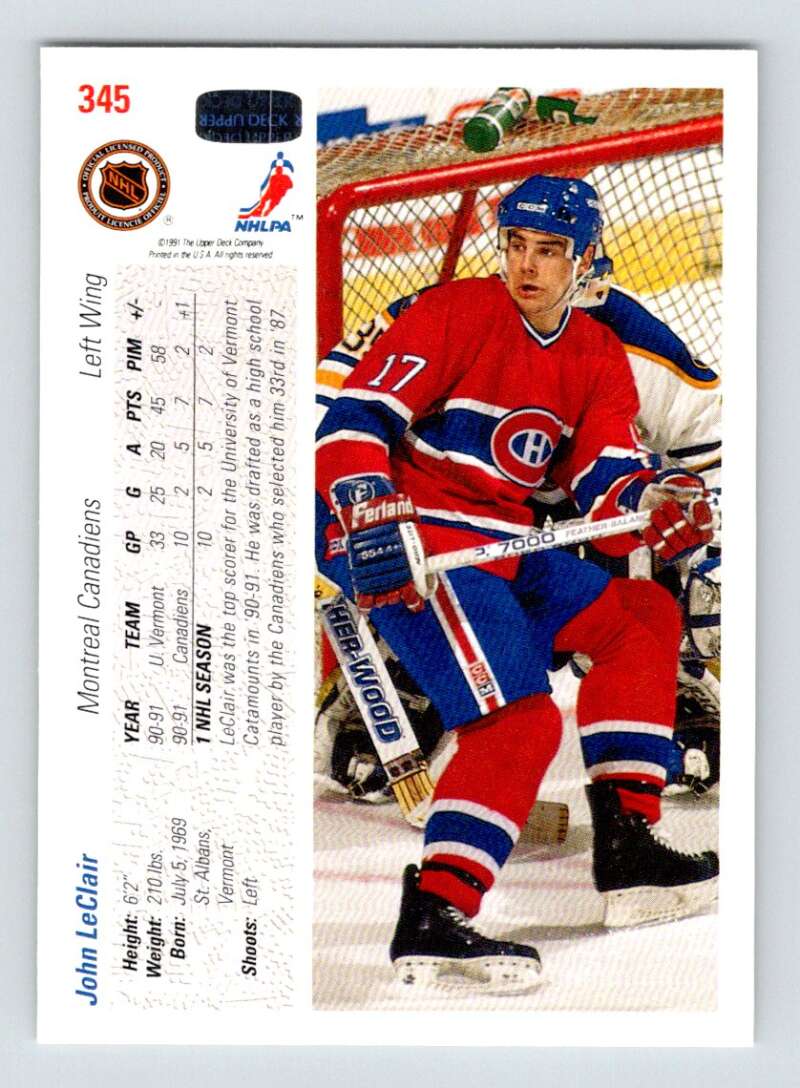 1991-92 Upper Deck #345 John LeClair  RC Rookie Montreal Canadiens  Image 2