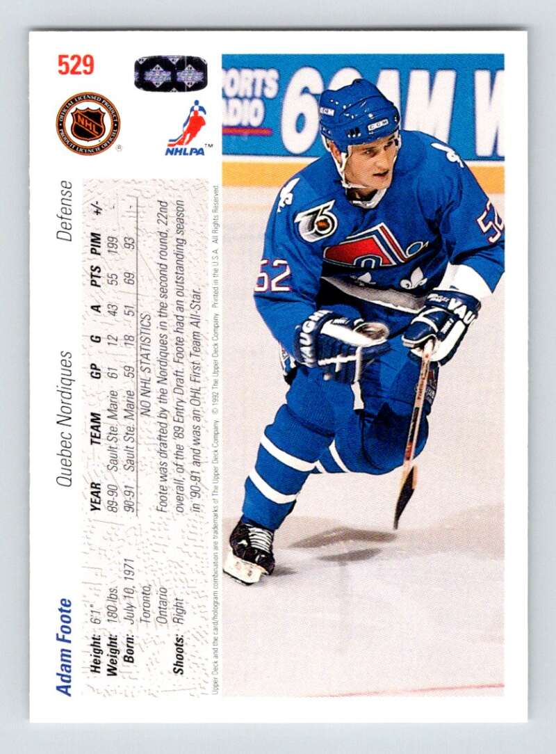 1991-92 Upper Deck #529 Adam Foote  RC Rookie Quebec Nordiques  Image 2