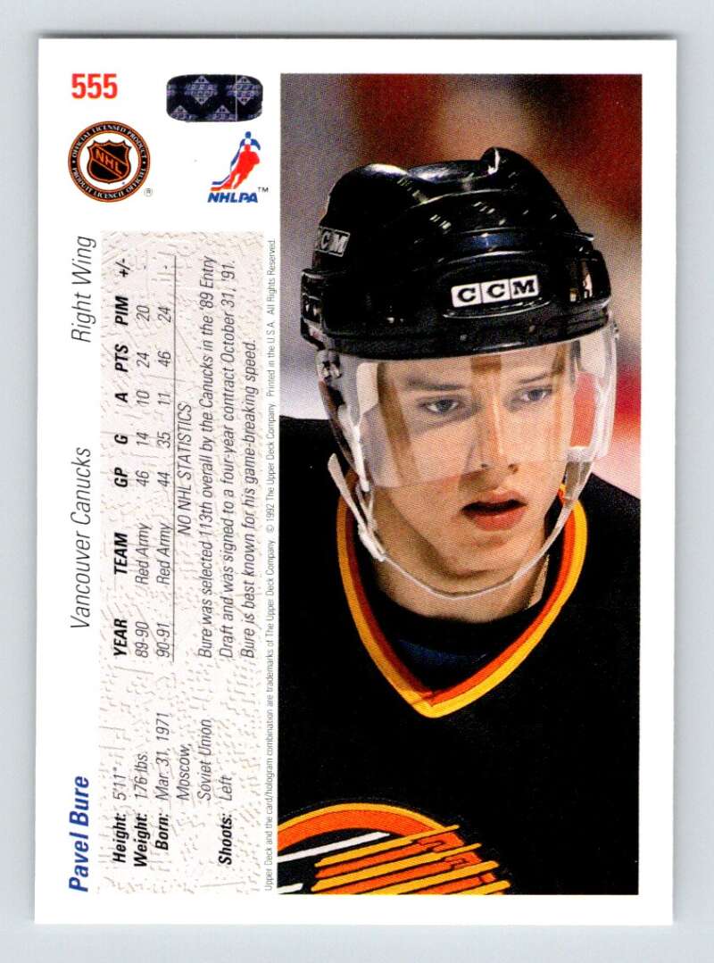 1991-92 Upper Deck #555 Pavel Bure  Vancouver Canucks  Image 2