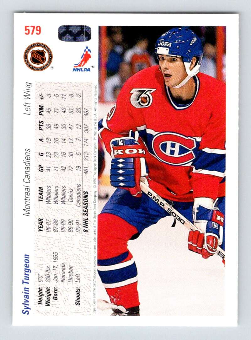 1991-92 Upper Deck #579 Sylvain Turgeon  Montreal Canadiens  Image 2