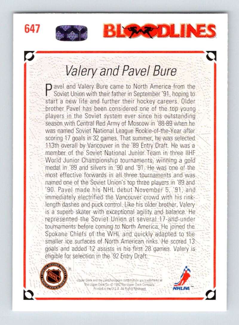 1991-92 Upper Deck #647 Pavel Bure/Valeri Bure  Vancouver Canucks  Image 2