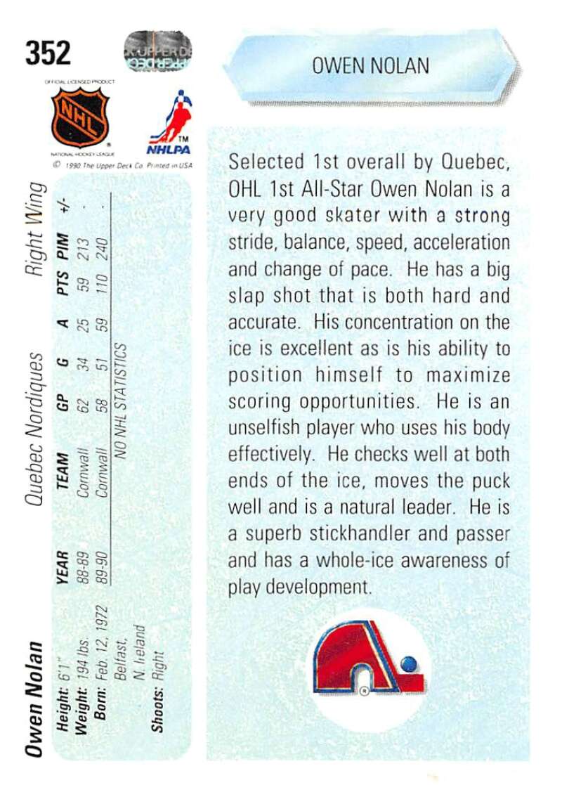 1990-91 Upper Deck Hockey  #352 Owen Nolan  RC Rookie  Nordiques  Image 2