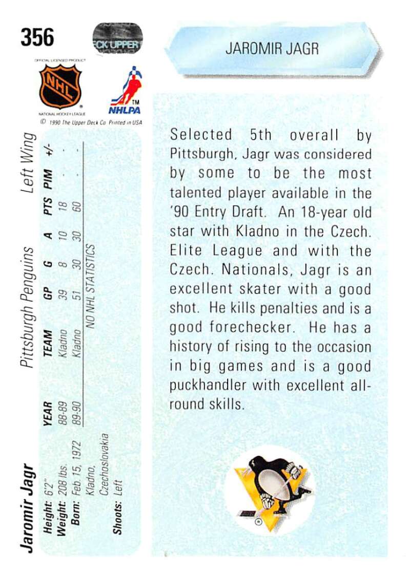 1990-91 Upper Deck Hockey  #356 Jaromir Jagr  RC Rookie Pittsburgh Penguins  Image 2