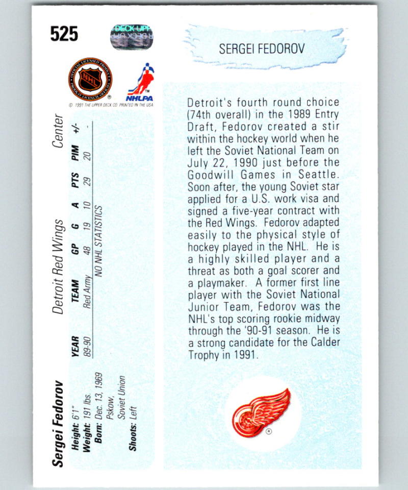 1990-91 Upper Deck Hockey  #525 Sergei Fedorov  RC Rookie Detroit Red Wings  Image 2