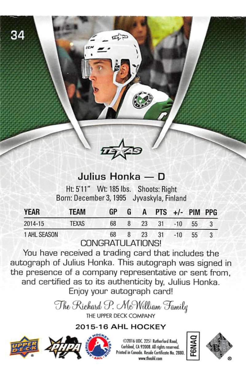 2015-16 Upper Deck AHL Autographs #34 Julius Honka MINT  Auto Texas Stars 07657
