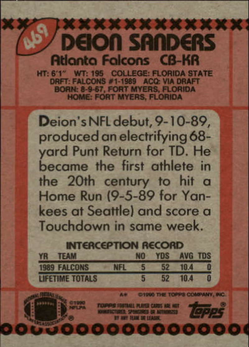 1990 Topps Football #469 Deion Sanders SR  RC Rookie Atlanta Falcons  Image 2