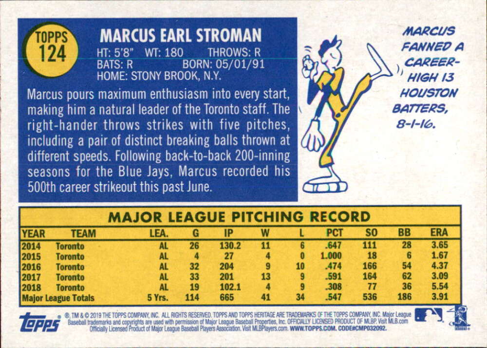 2019 Topps Heritage Baseball  #124 Marcus Stroman  Toronto Blue Jays  V92478 Image 2