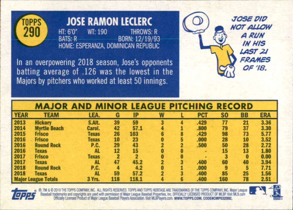 2019 Topps Heritage Baseball  #290 Jose Leclerc  Texas Rangers  V92550 Image 2