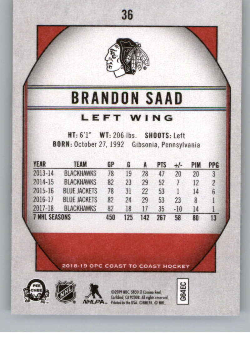 2018-19 OPC Coast to Coast  #36 Brandon Saad  Chicago Blackhawks  V93293 Image 2