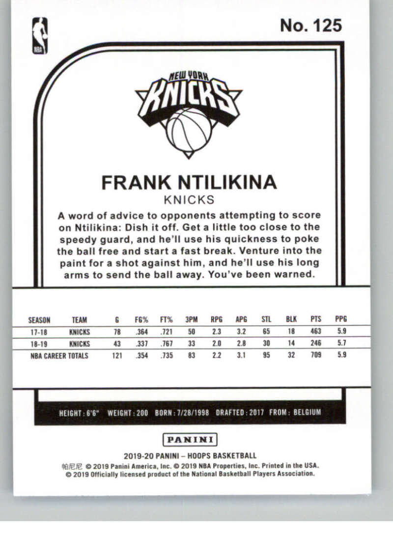 2019-20 Panini Hoops #125 Frank Ntilikina  New York Knicks  V89560 Image 2