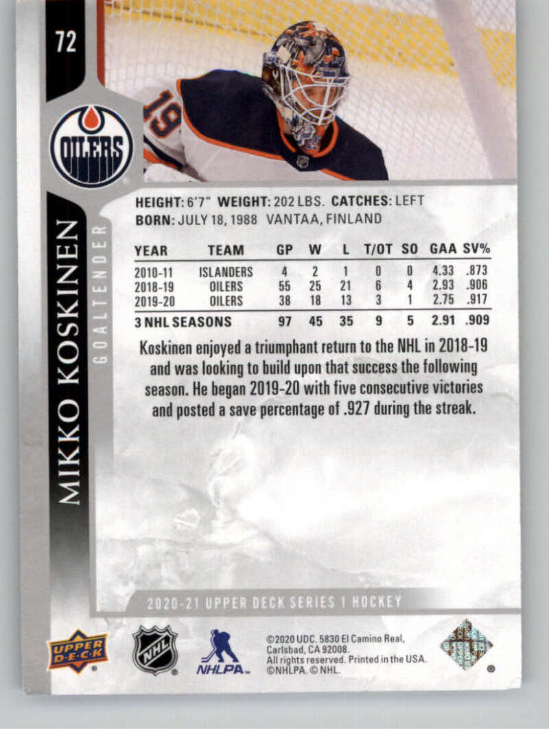 2020-21 Upper Deck Hockey #72 Mikko Koskinen  Edmonton Oilers  Image 2