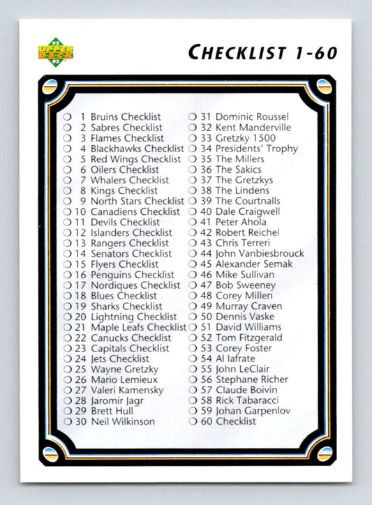 1992-93 Upper Deck Hockey  #60 Checklist 1-110   Image 1