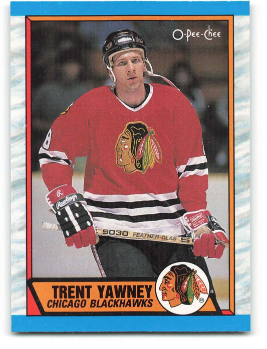 1989-90 O-Pee-Chee #222 Trent Yawney  RC Rookie Chicago Blackhawks  Image 1