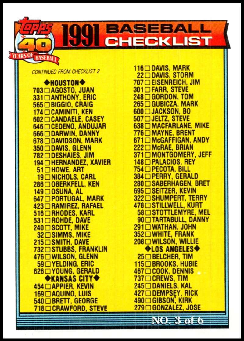 1991 Topps #366 Checklist #3 ERR Baseball Checklist  Image 1