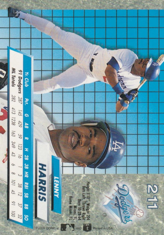 1992 Fleer Ultra Baseball #211 Lenny Harris  Los Angeles Dodgers  Image 1