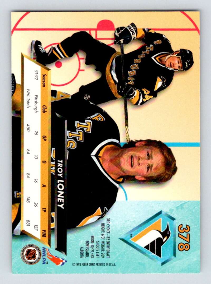 1992-93 Fleer Ultra #378 Troy Loney  Pittsburgh Penguins  Image 1