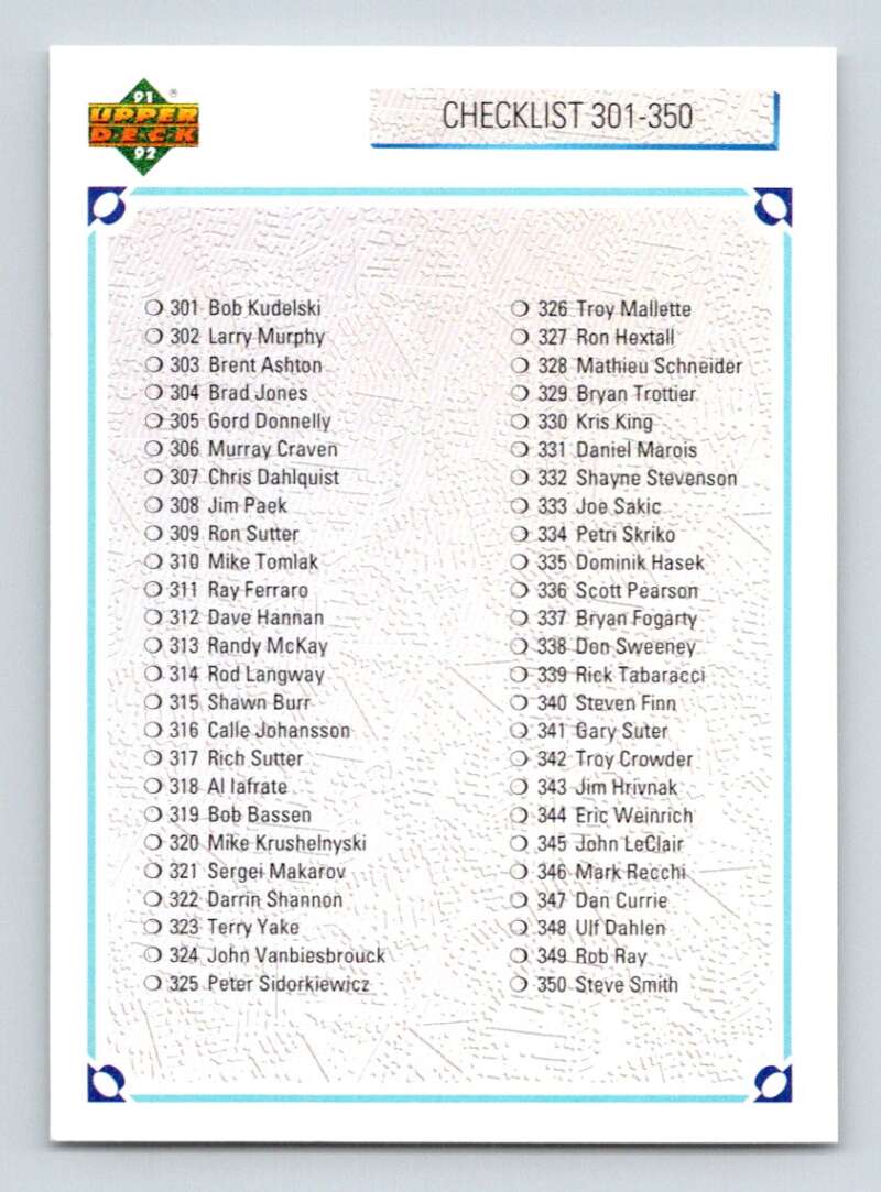 1991-92 Upper Deck #400 Checklist 301-400   Image 1